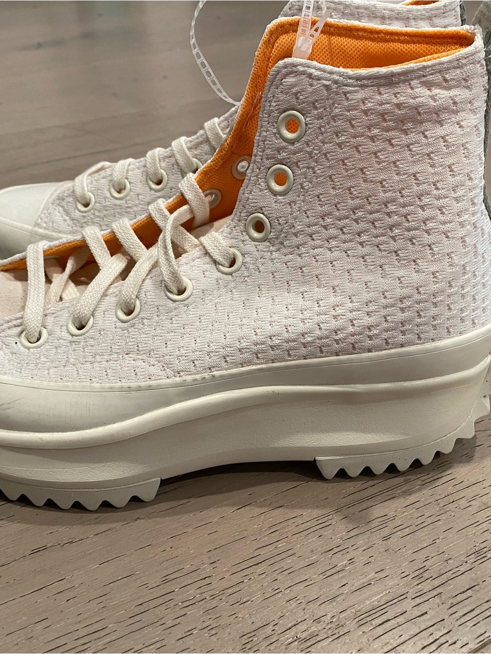 White Women's High-Top Knit Sneakers with Orange Lining - Picture 2 of 6